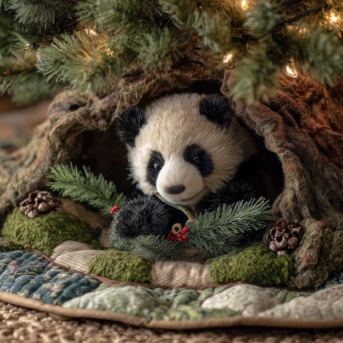 Panda Cub with Pine Branches Christmas Tree Skirt