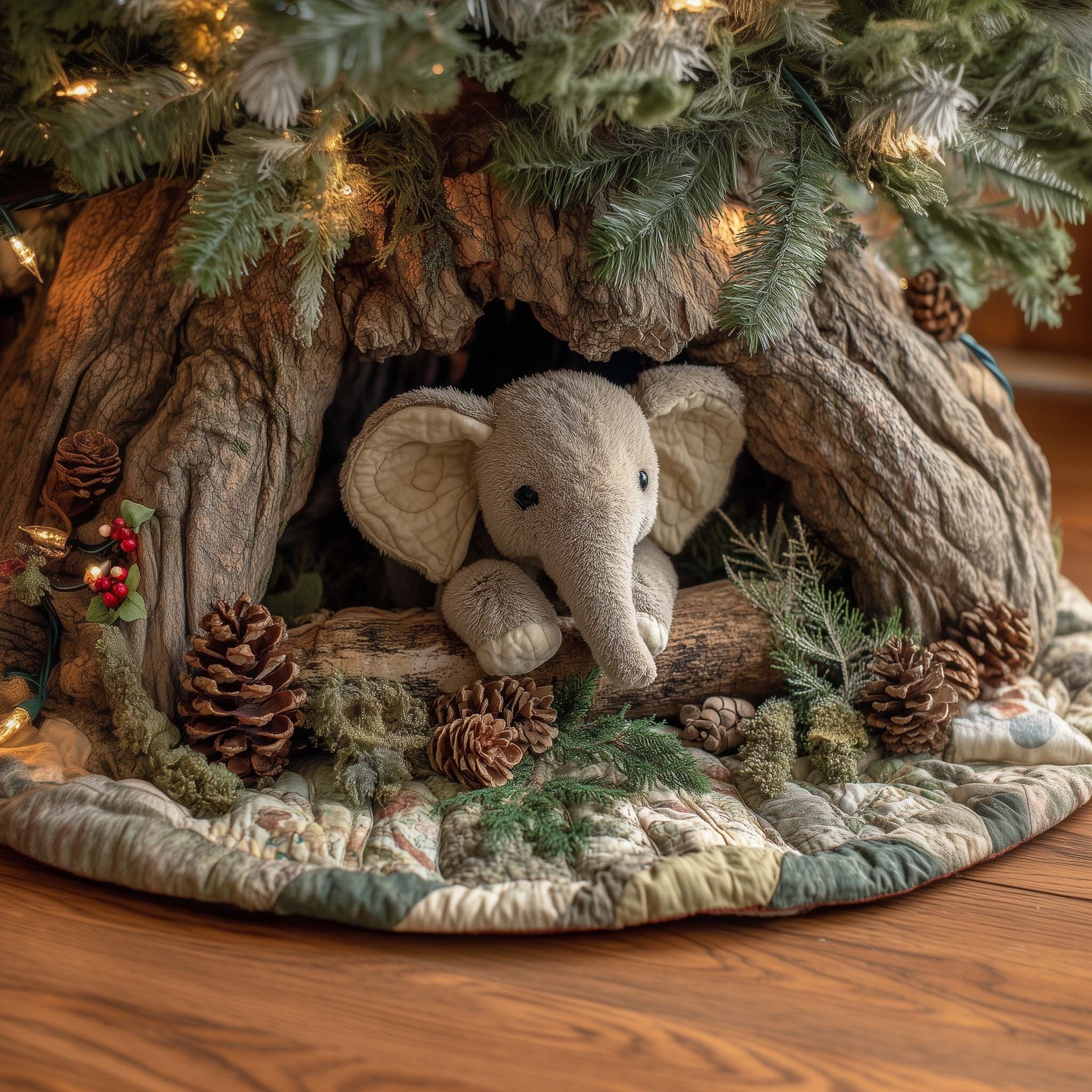 Baby Elephant with Pinecones Green Christmas Tree Skirt