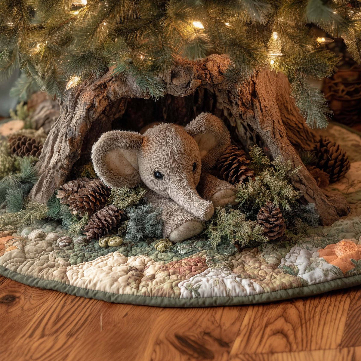 Baby Elephant on Ivory Pinecone Quilt Christmas Tree Skirt
