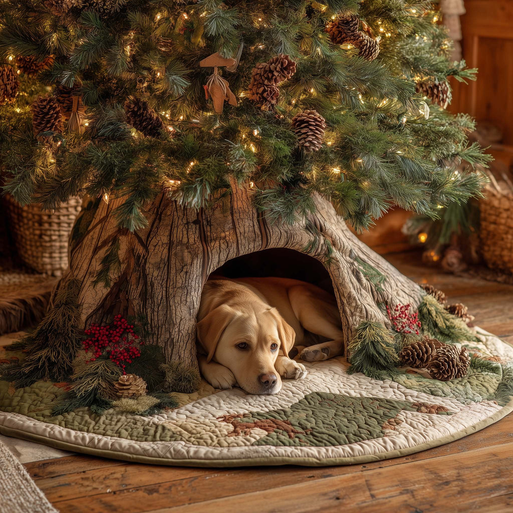 Golden Puppy Sleeping in the Tree Hollow Christmas Tree Skirt