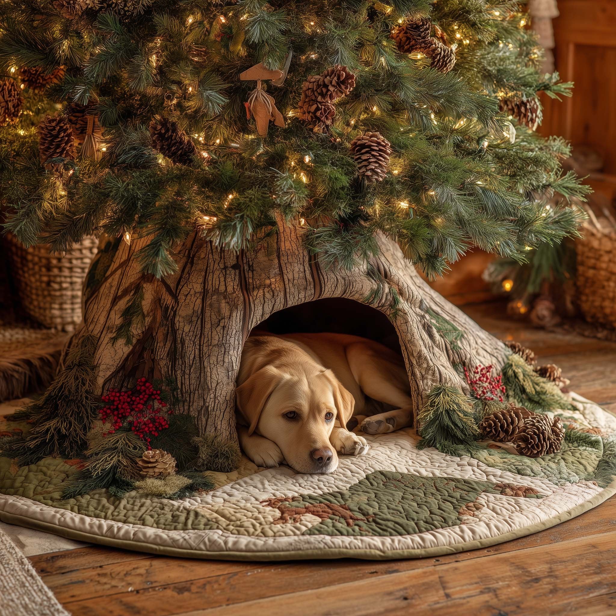 Golden Puppy Sleeping in the Tree Hollow Christmas Tree Skirt