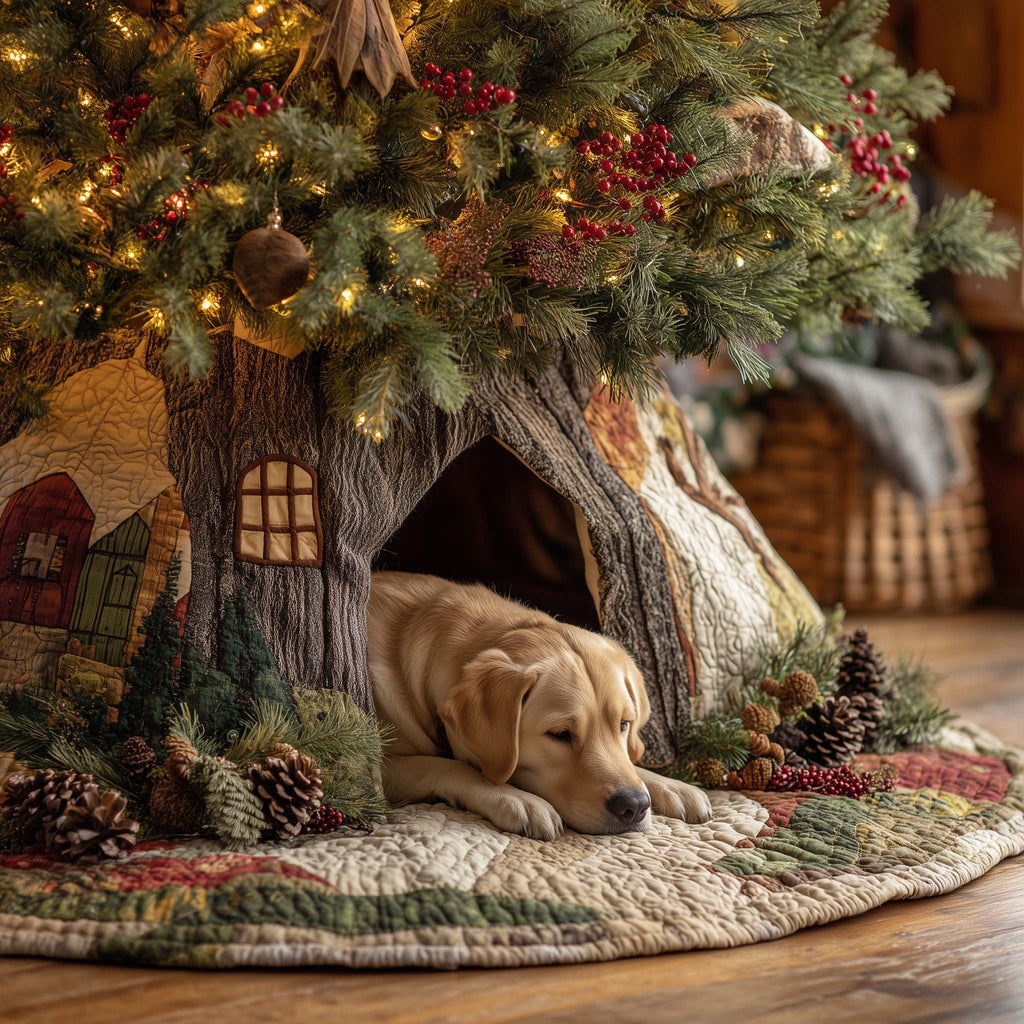 Yellow Labrador Asleep by the Log Cabin Christmas Tree Skirt
