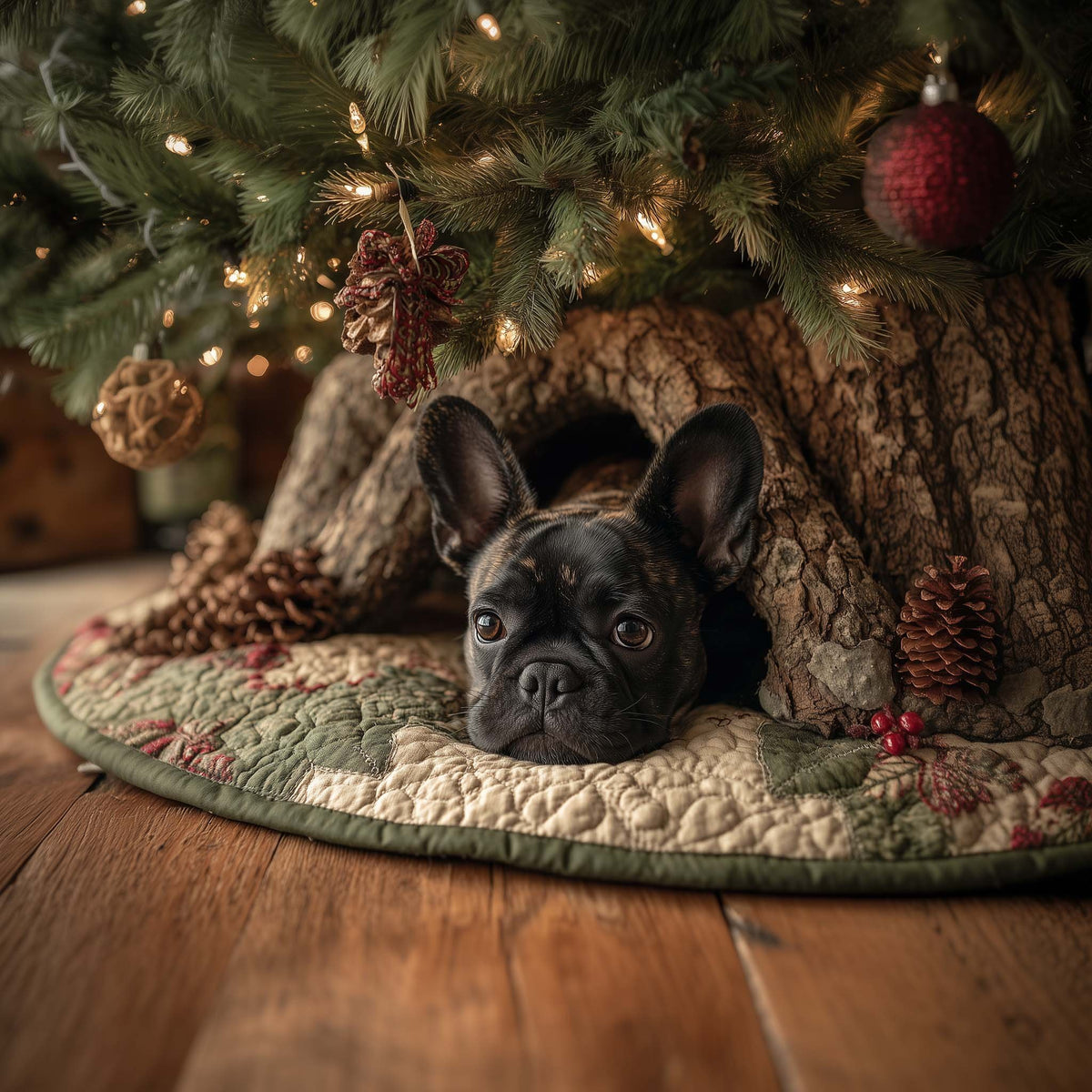 Black Frenchie with Pinecones Christmas Tree Skirt