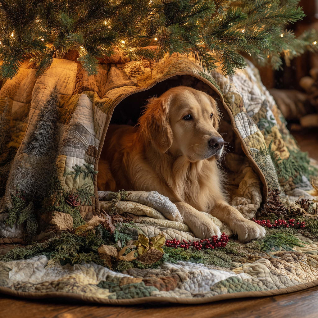 Golden Retriever in a Log Den Christmas Tree Skirt