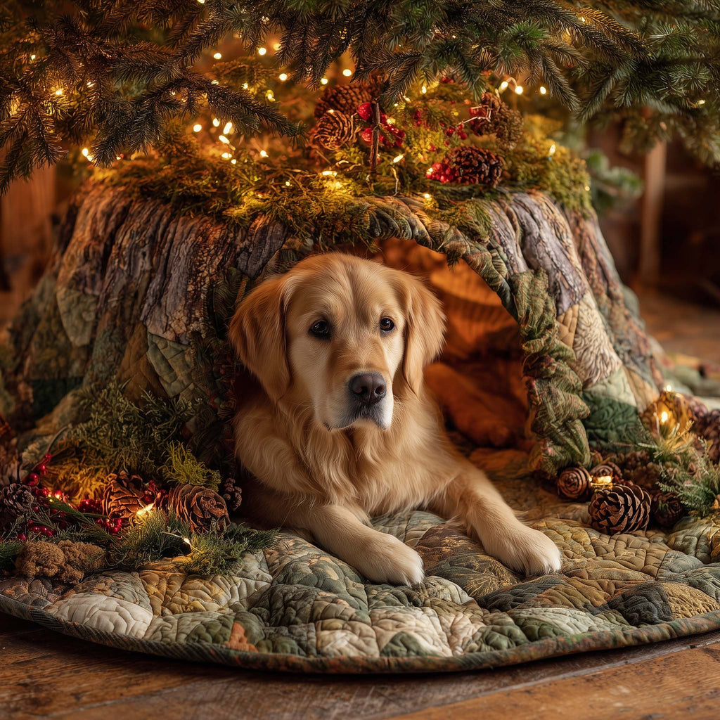 Golden Retriever on a Woodland Quilt Christmas Tree Skirt