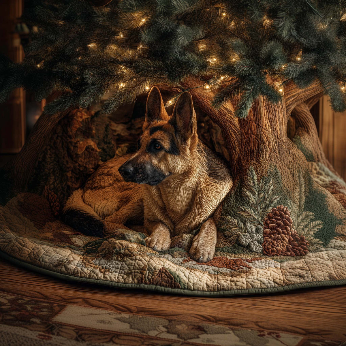 German Shepherd in a Log Den Christmas Tree Skirt