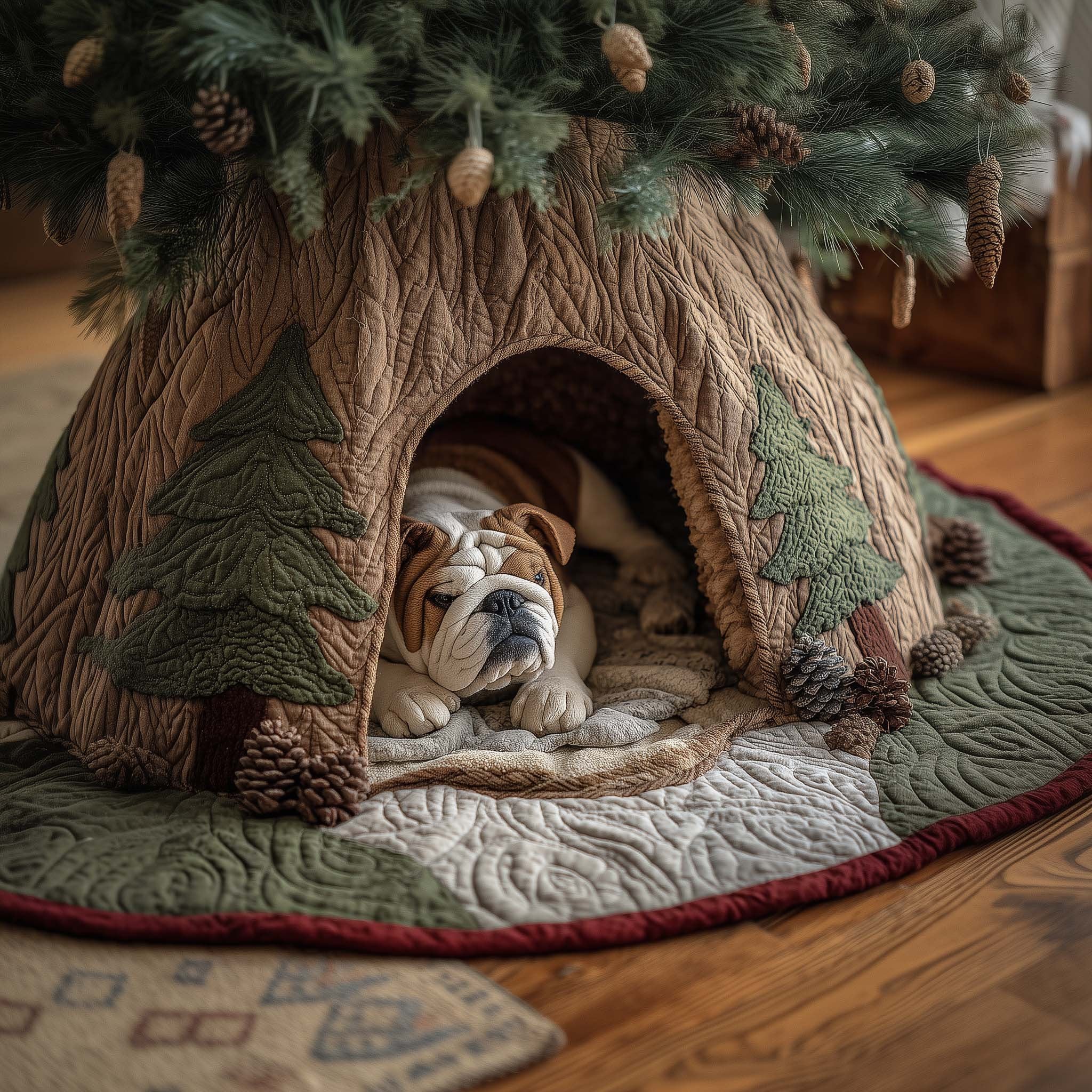 Bulldog in the Tree Den Christmas Tree Skirt