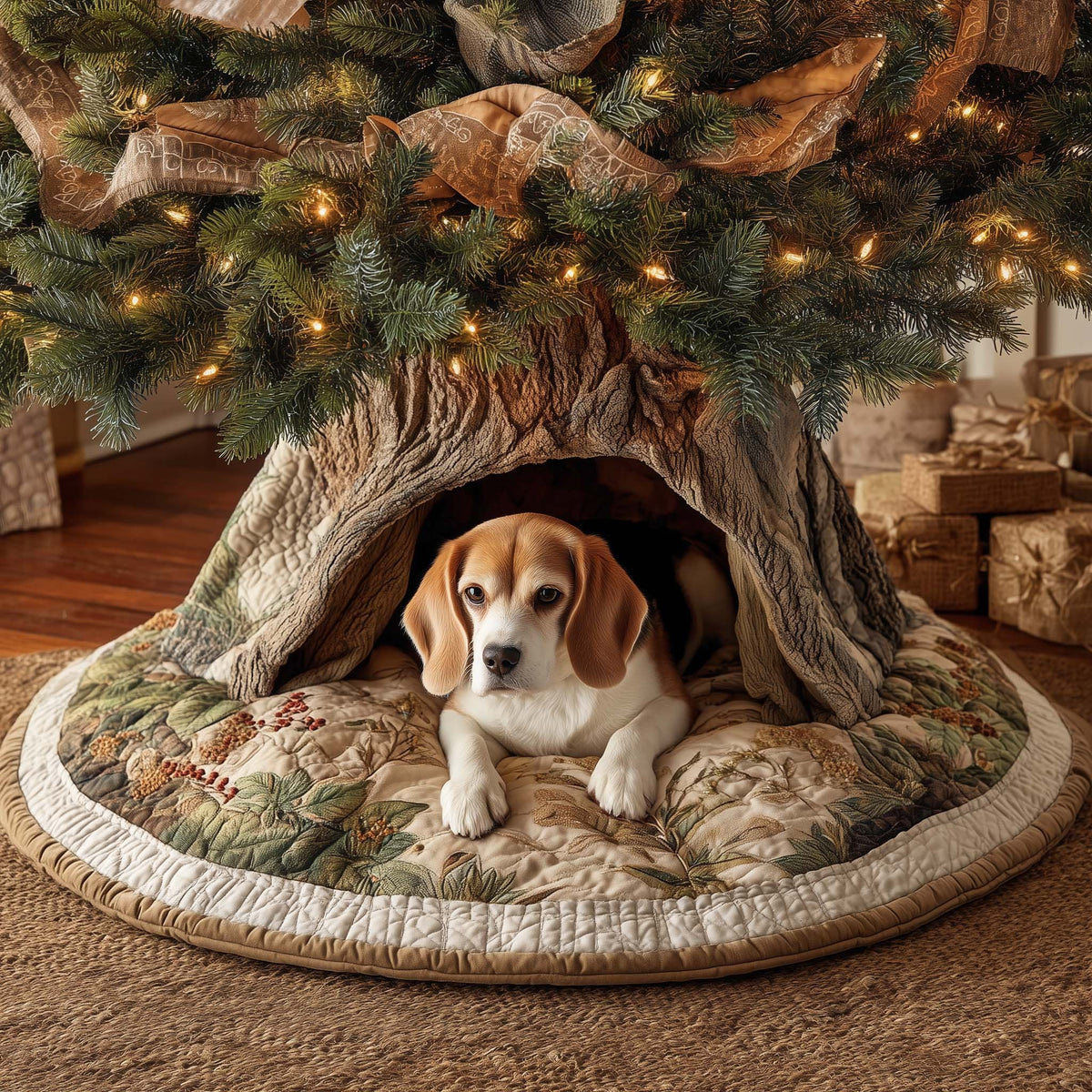 Beagle Resting on Sage Green Quilt Christmas Tree Skirt