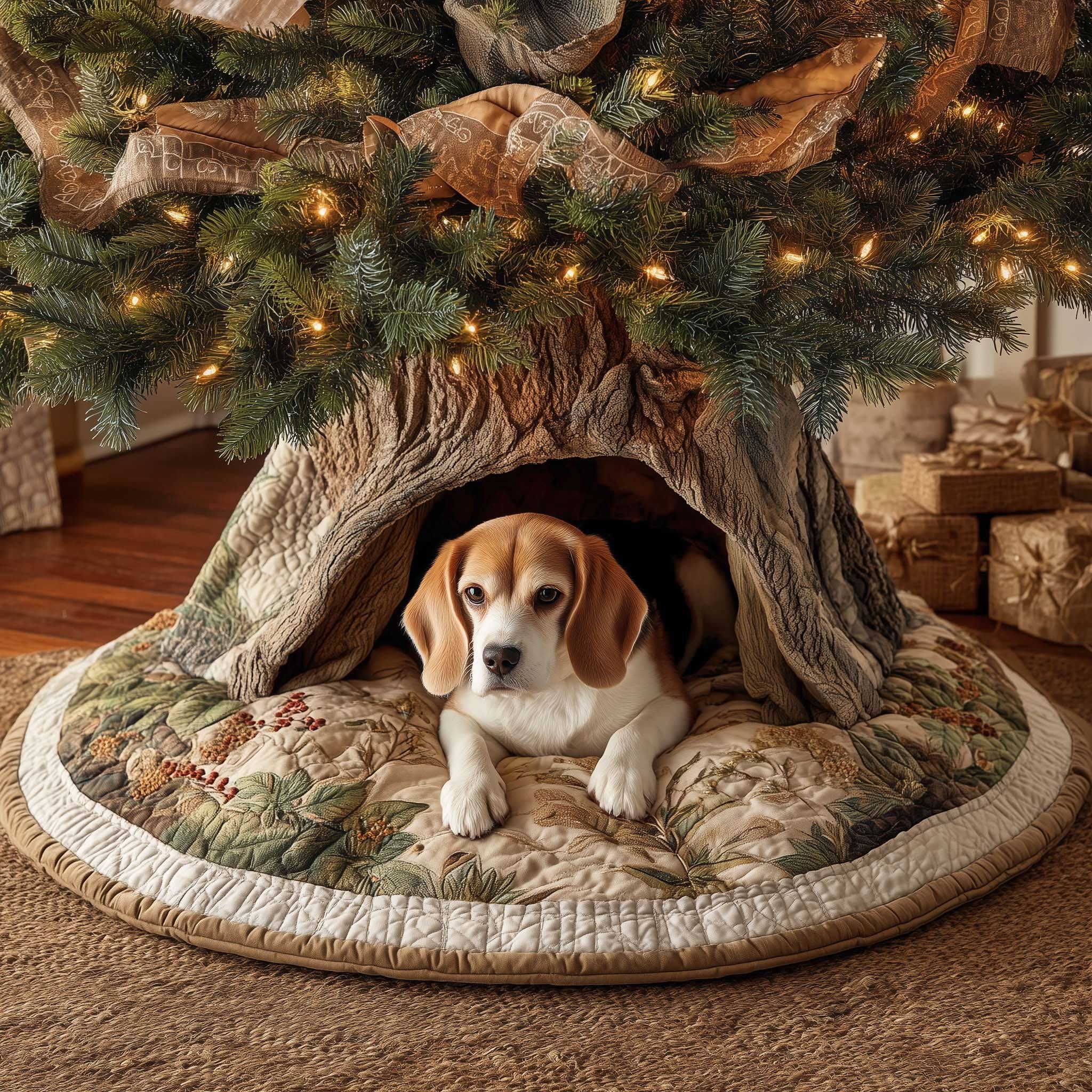 Beagle Resting on Sage Green Quilt Christmas Tree Skirt