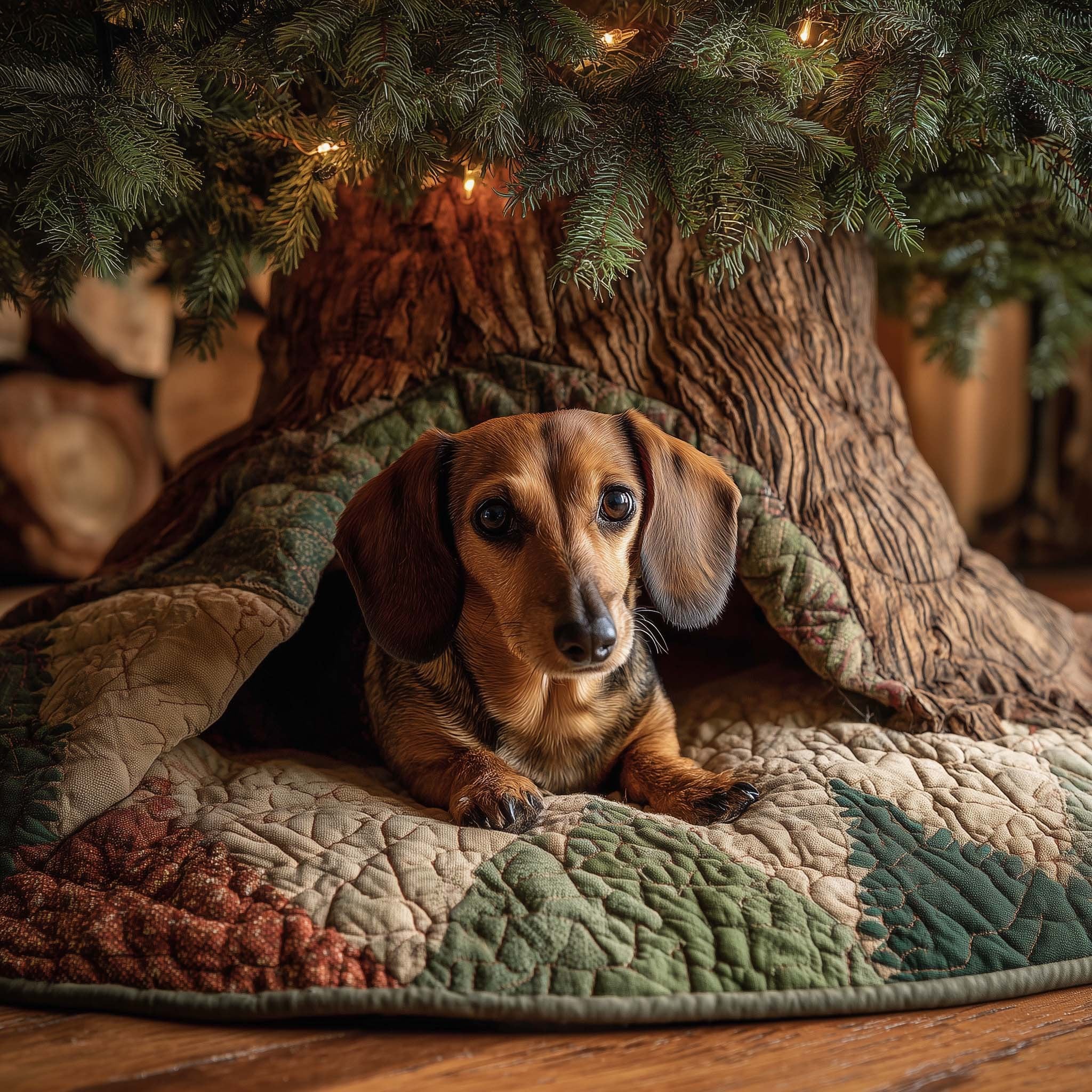 Dachshund on Green Pine Quilt Christmas Tree Skirt