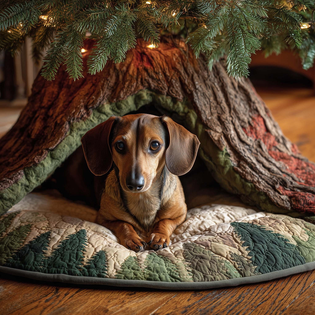 Dachshund Under the Tree Cream Christmas Tree Skirt