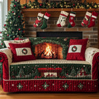 Fireplace and Wreath on Green Sofa Cover