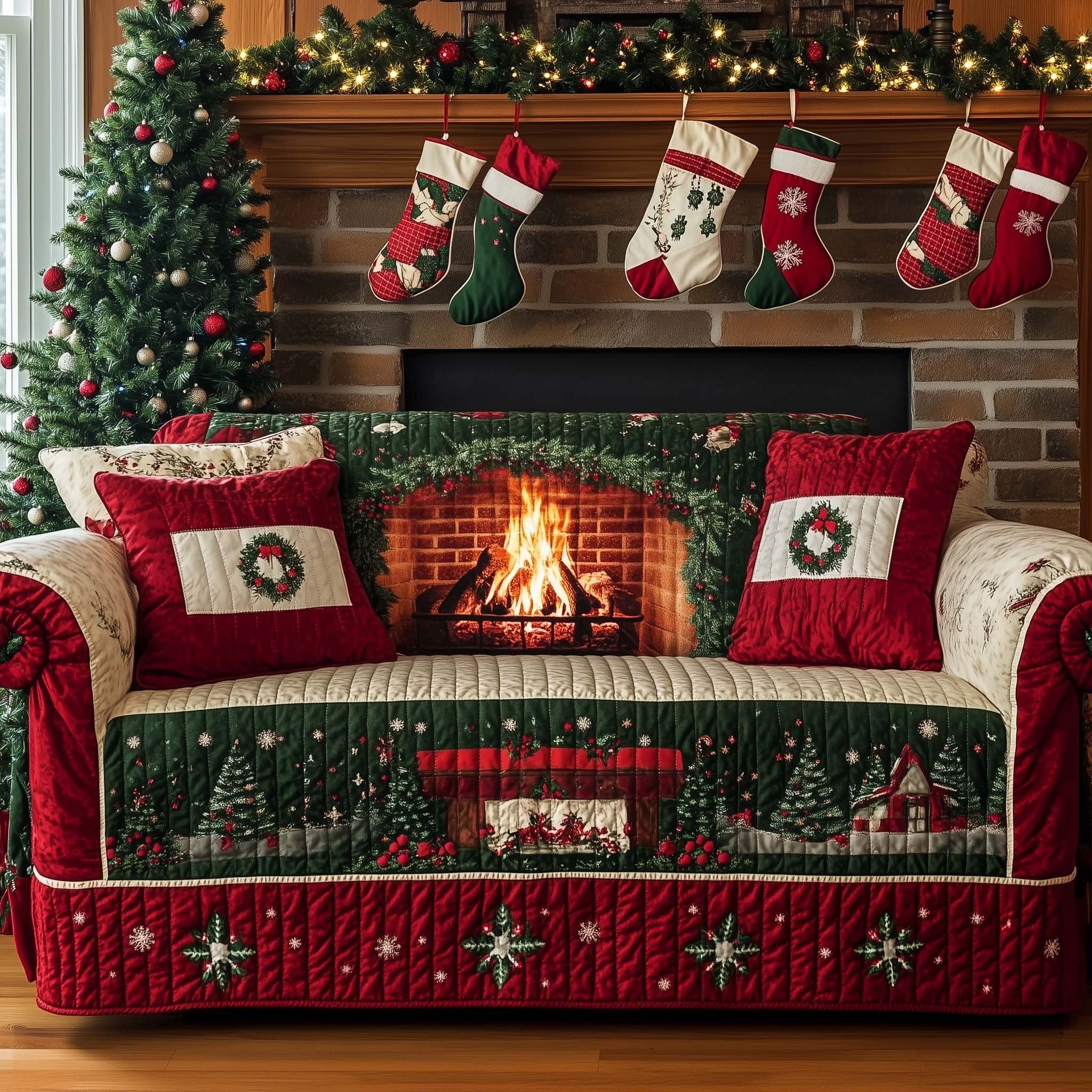 Fireplace and Wreath on Green Sofa Cover