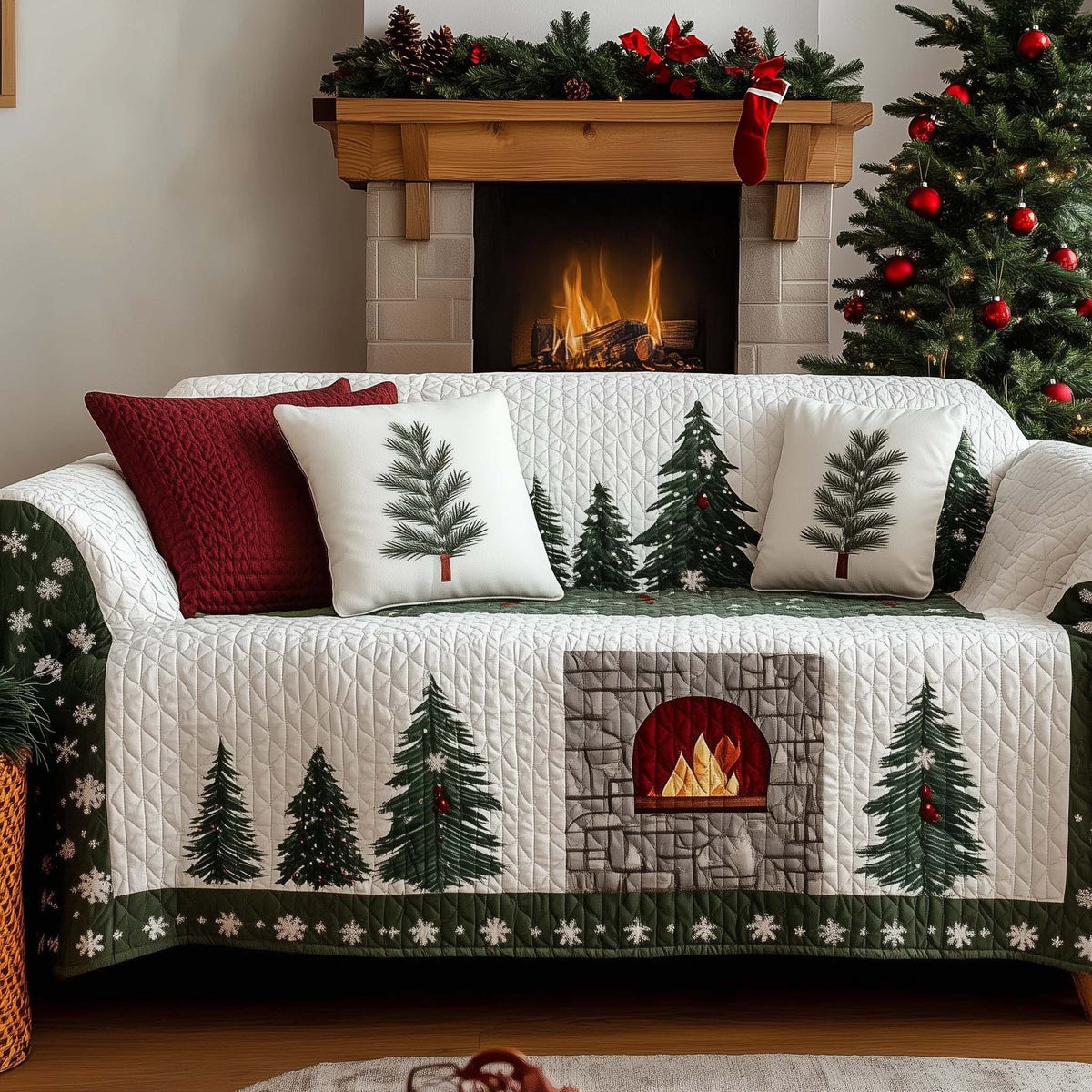 Stone Fireplace Among Cream Pines Sofa Cover