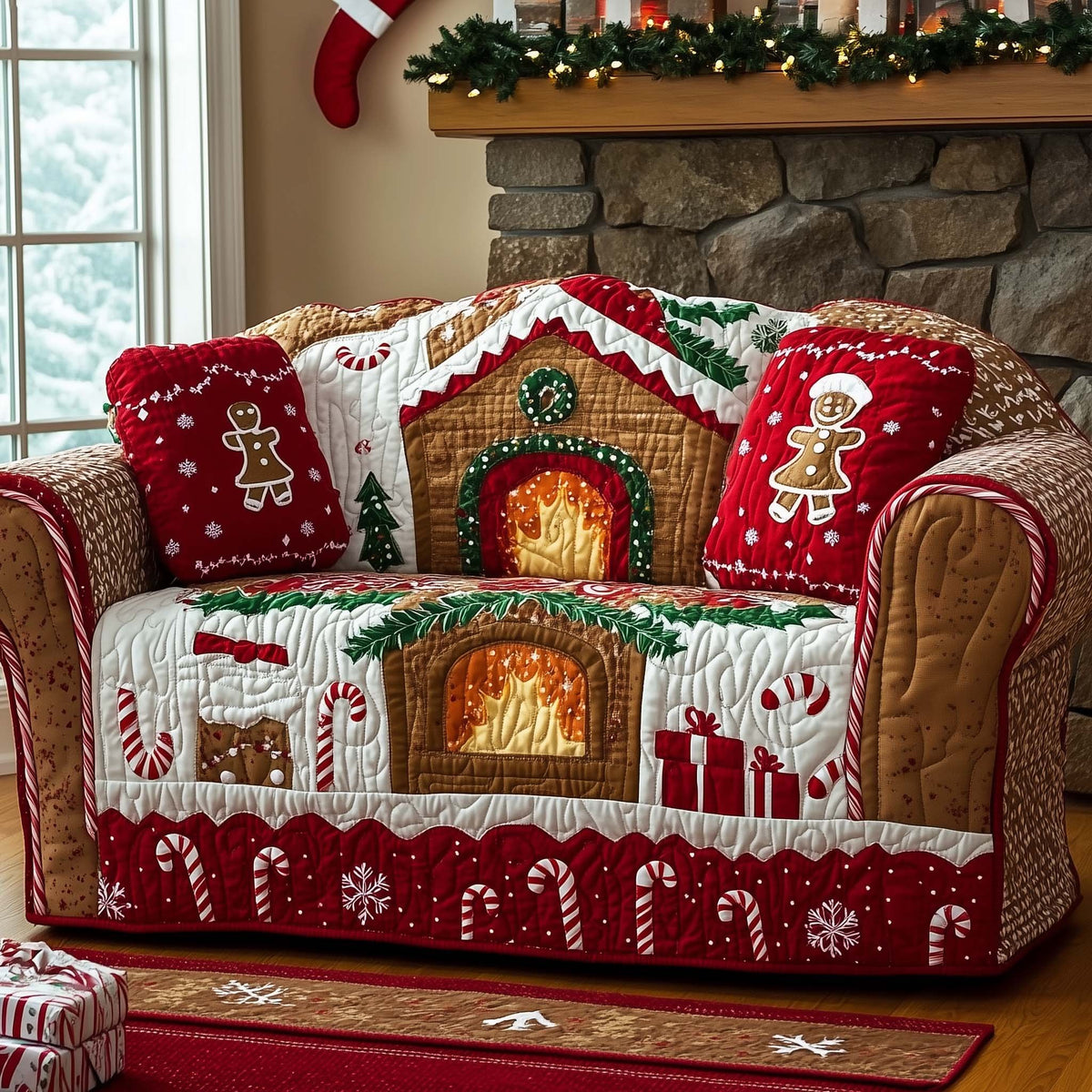 Gingerbread Hearth with Candy Canes Sofa Cover