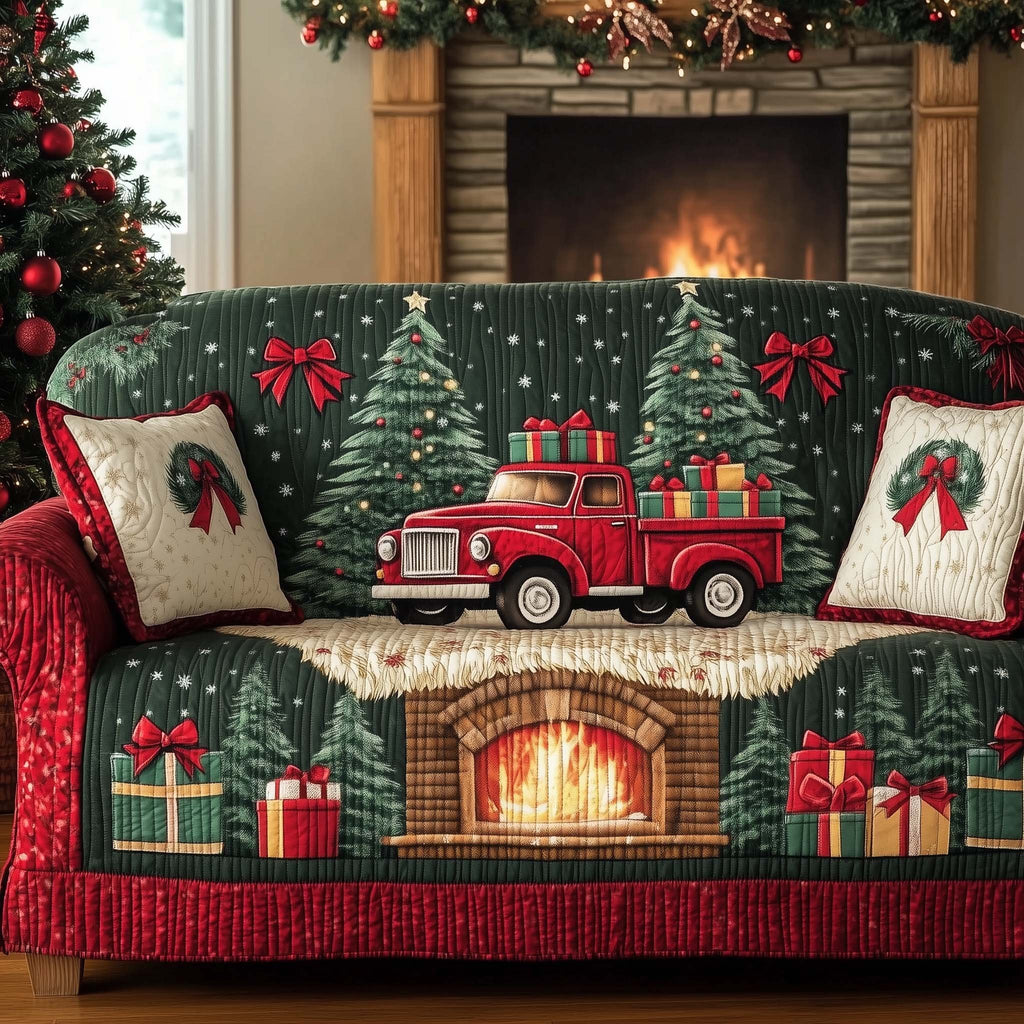 Hearth and Red Truck on Green Sofa Cover