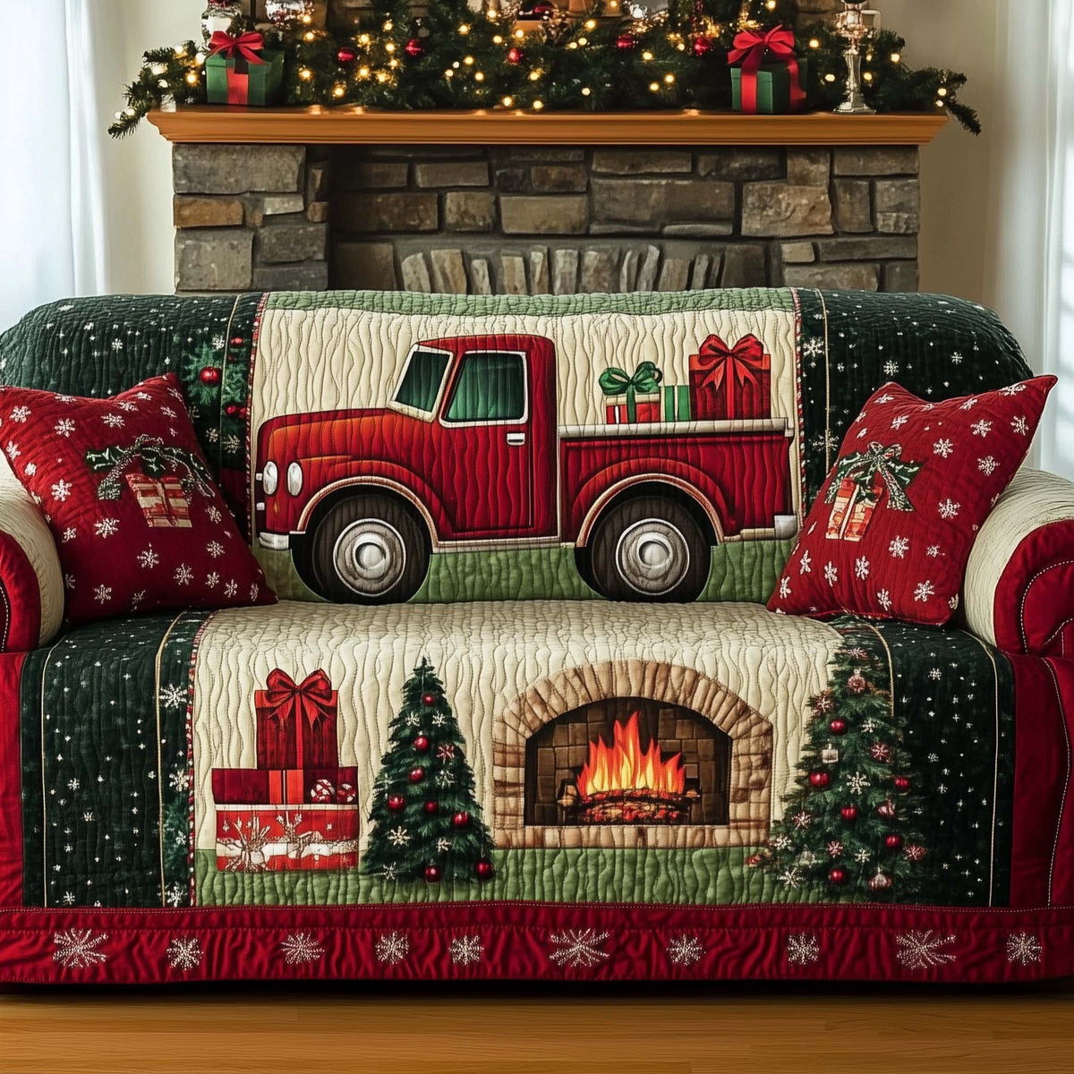 Red Truck Beside the Warm Hearth Sofa Cover