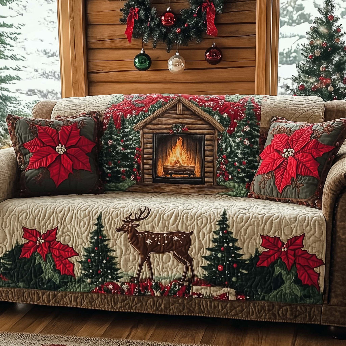 Poinsettia Hearth on Cream Quilt Sofa Cover