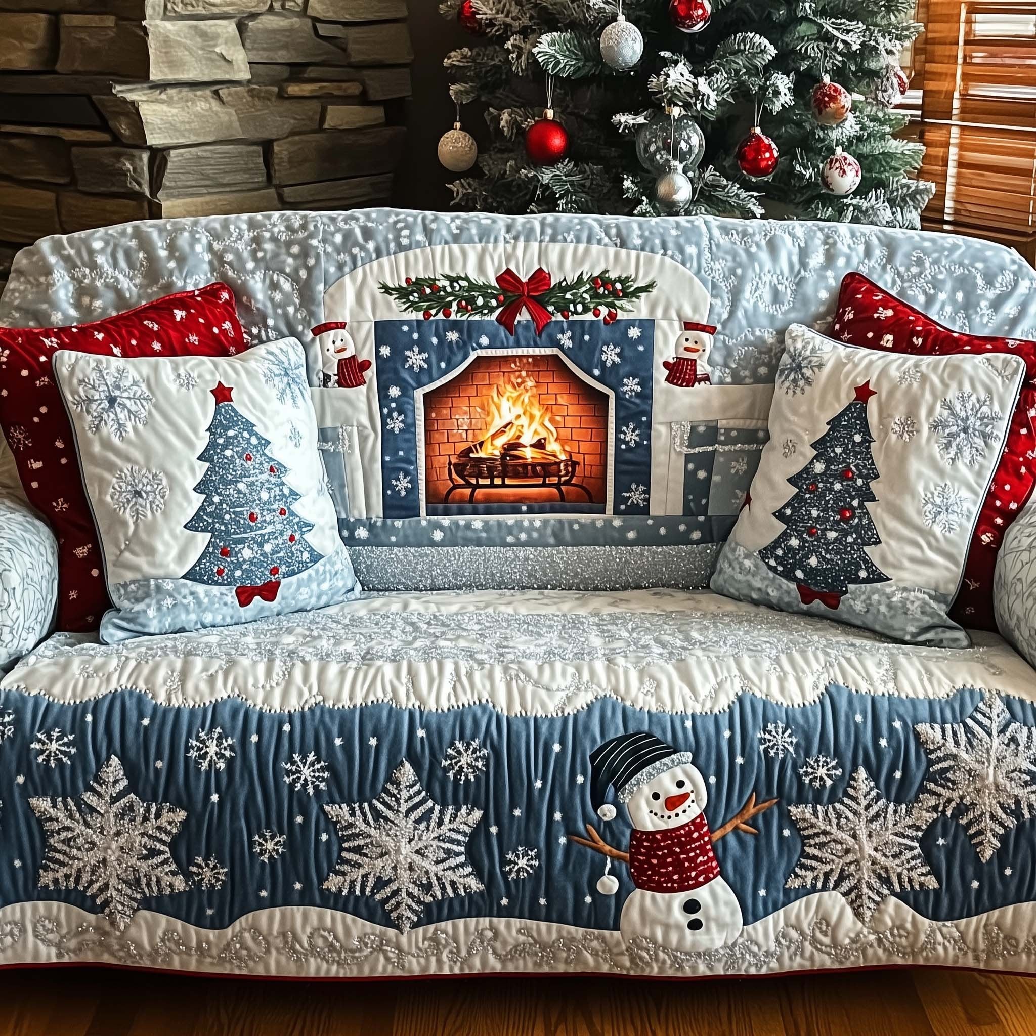 Fireplace and Snowman on Ice Blue Sofa Cover