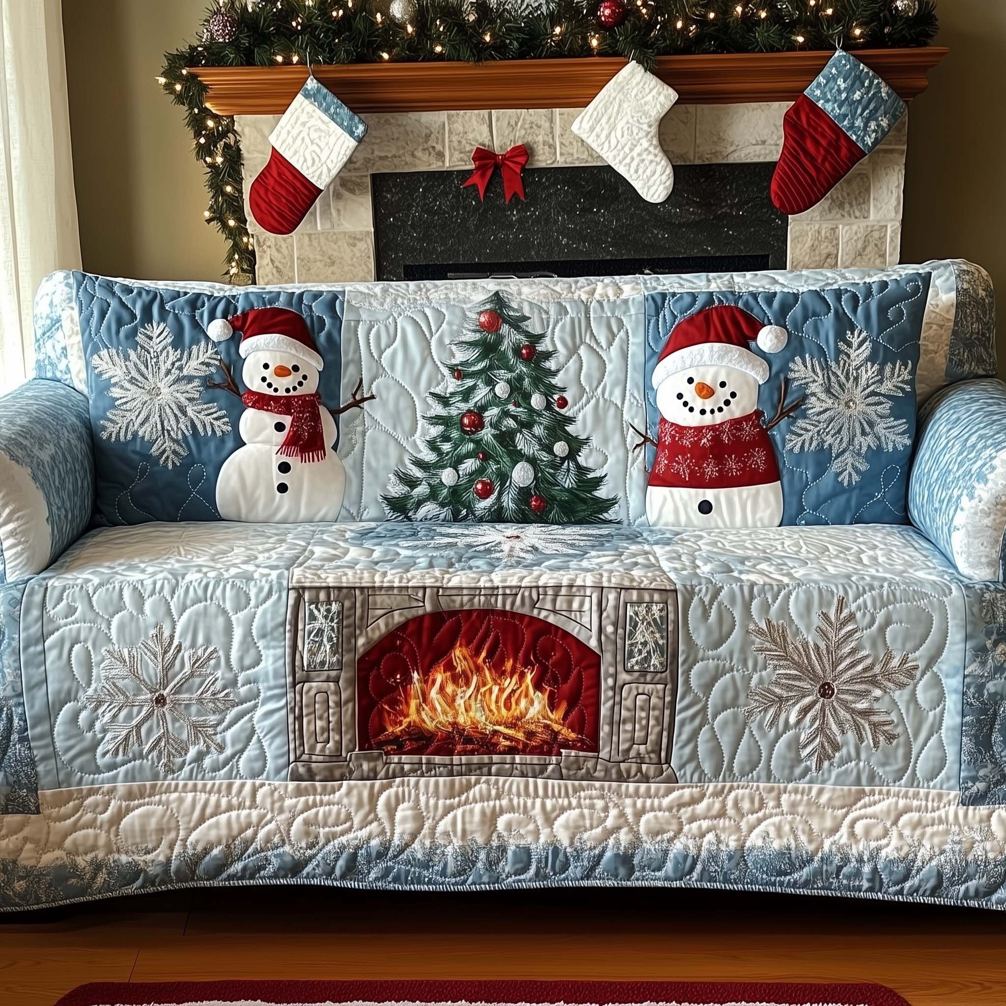 Snowmen Beside the Blue Hearth Sofa Cover