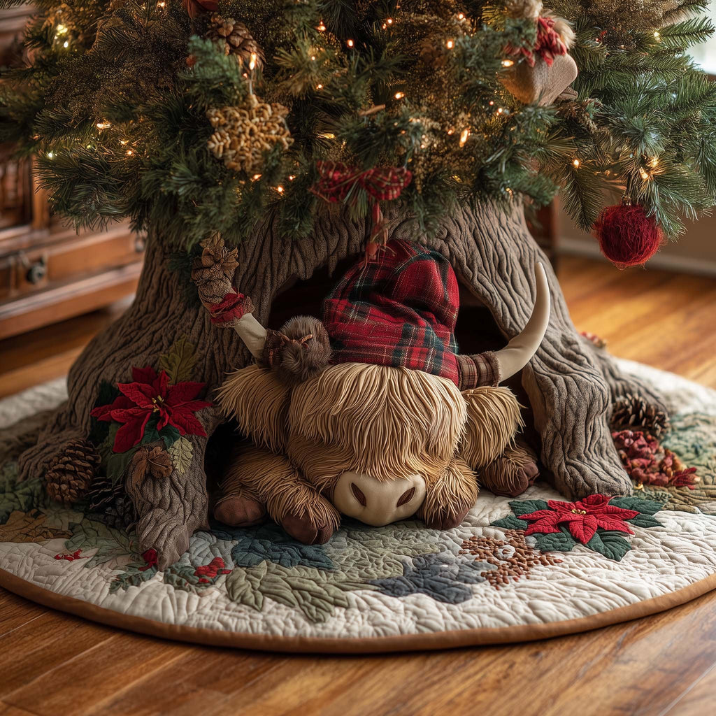 Highland Cow in a Plaid Hat Christmas Tree Skirt