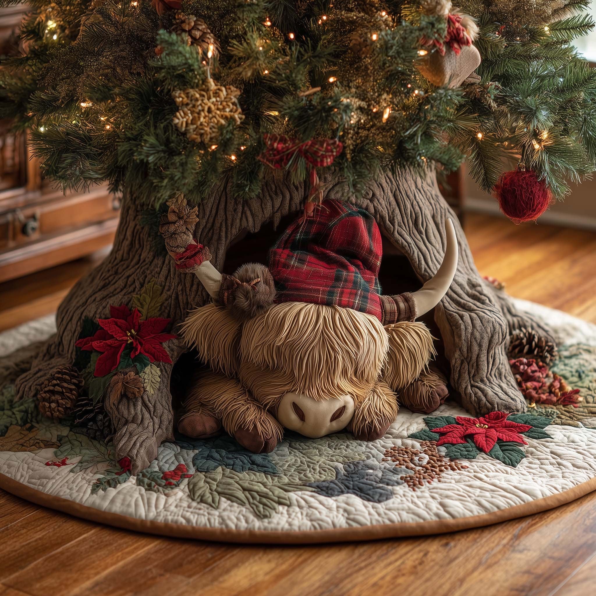 Highland Cow in a Plaid Hat Christmas Tree Skirt