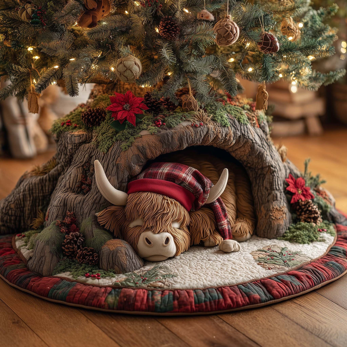 Highland Cow in a Red Plaid Cap Christmas Tree Skirt