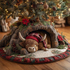 Highland Cow in a Red Plaid Cap Christmas Tree Skirt