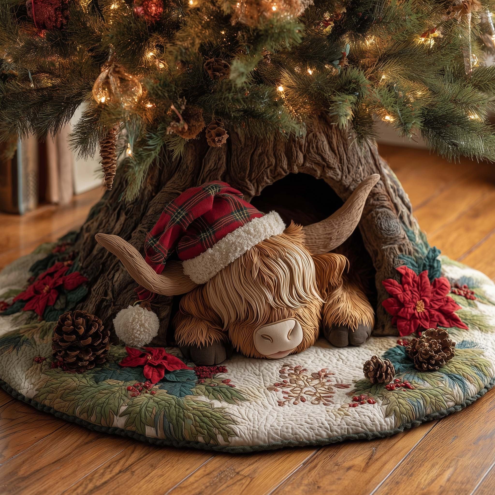 Highland Cow in a Plaid Santa Hat Christmas Tree Skirt