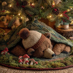 Teddy Bear in Knit Hat on Green Christmas Tree Skirt