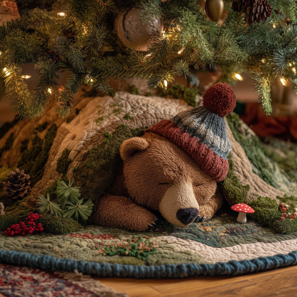 Teddy Bear with Red Pom Hat Christmas Tree Skirt