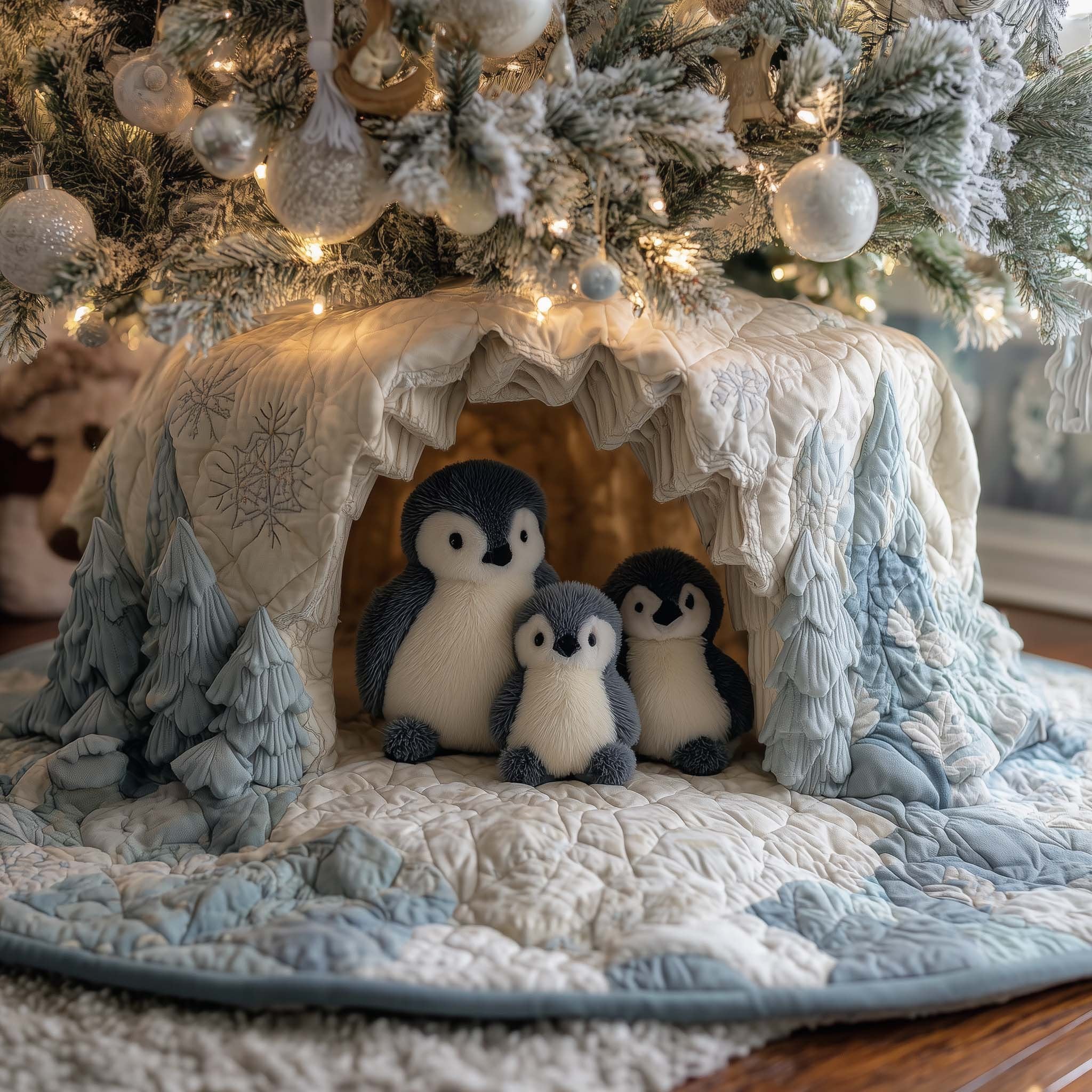 Penguin Family in an Ice Cave Christmas Tree Skirt