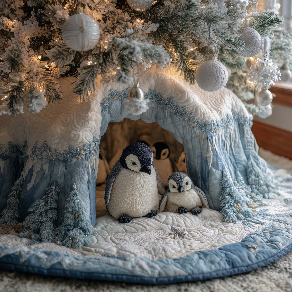 Penguins Nestled in the Snow Cave Christmas Tree Skirt