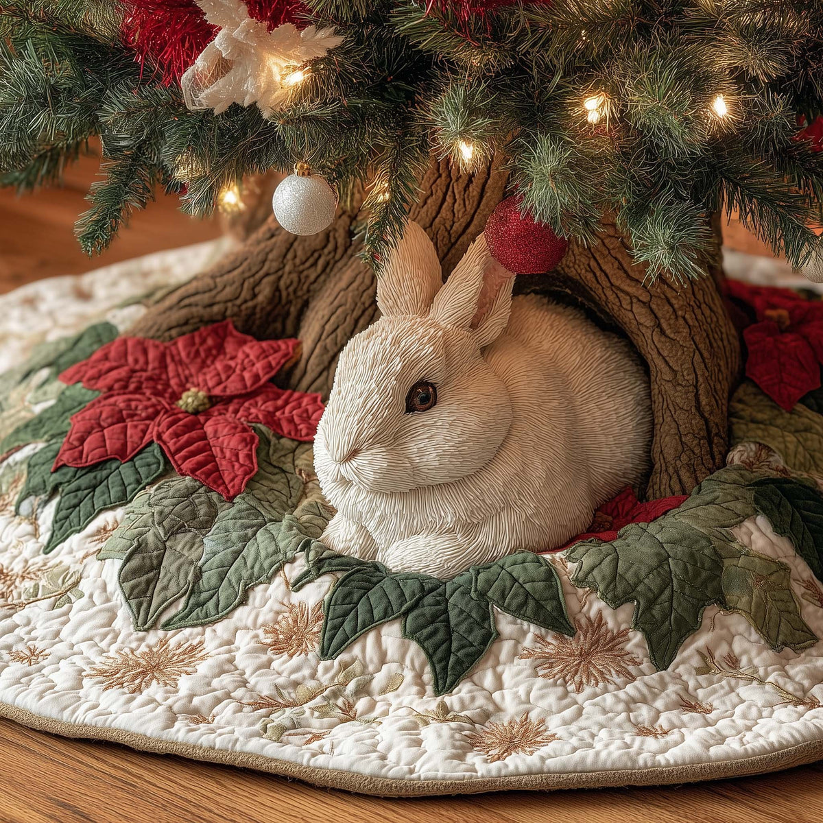 White Rabbit Among the Poinsettias Christmas Tree Skirt