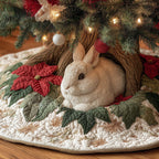 White Rabbit Among the Poinsettias Christmas Tree Skirt