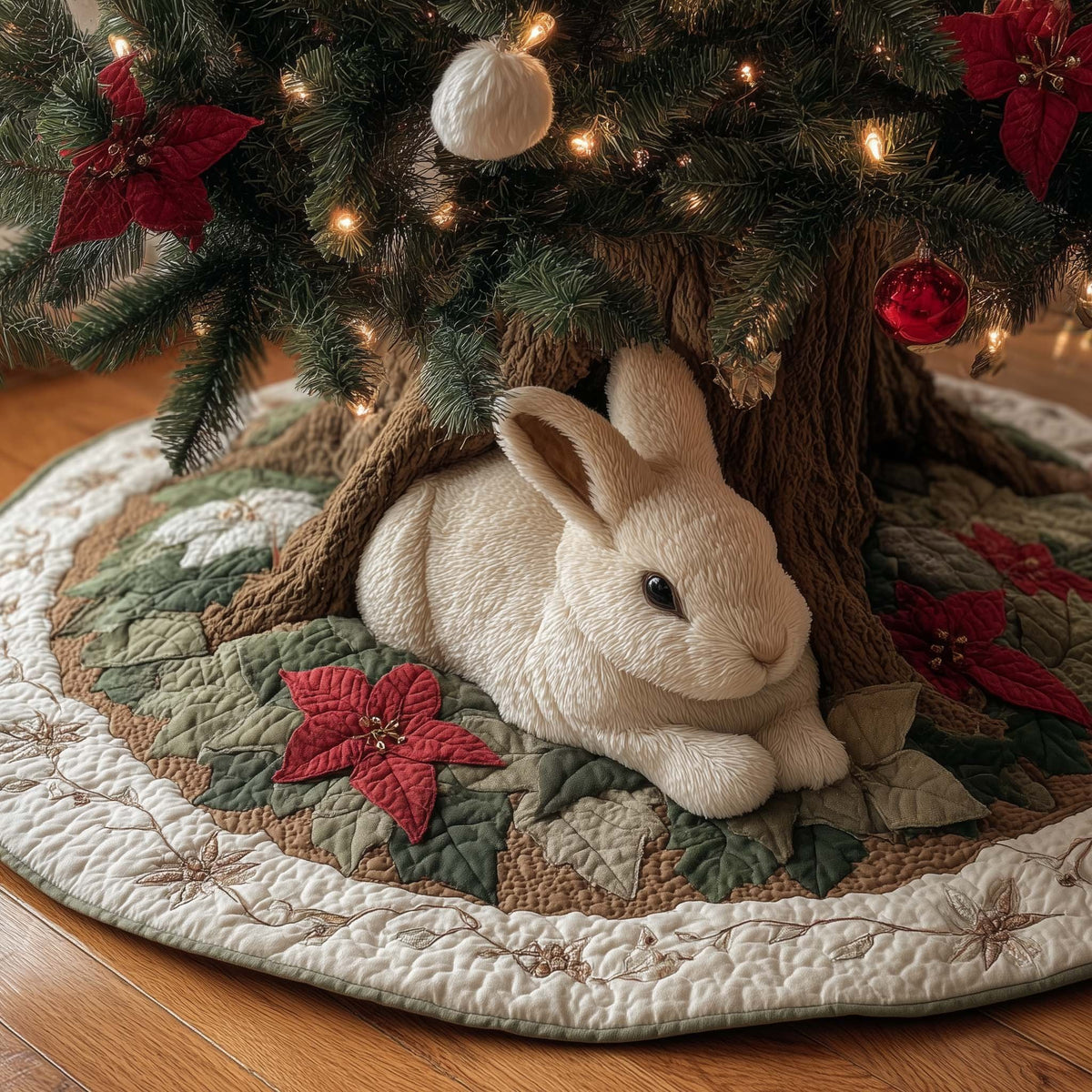 White Rabbit with a Red Poinsettia Christmas Tree Skirt