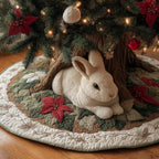 White Rabbit with a Red Poinsettia Christmas Tree Skirt