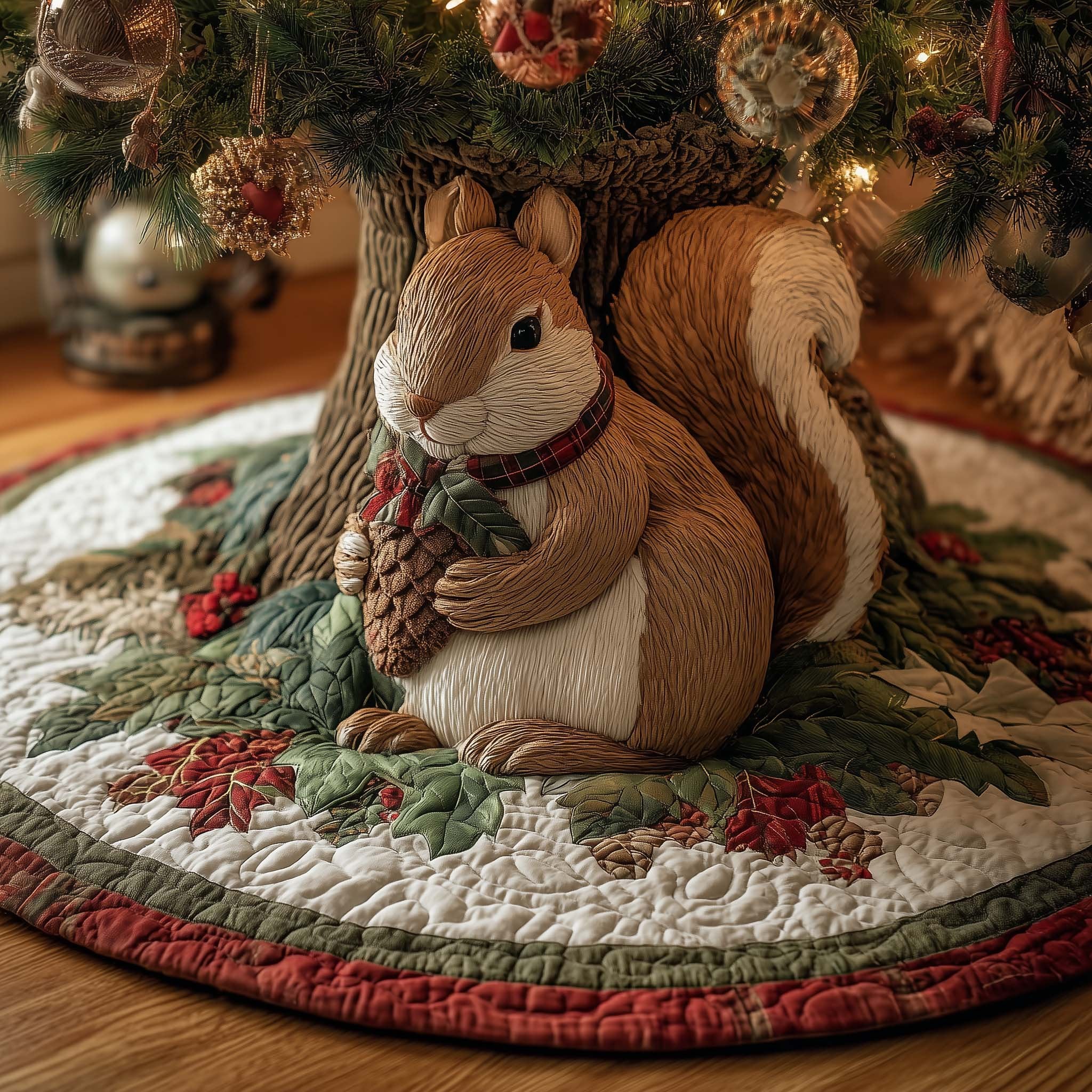 Squirrel with a Pinecone on Holly Christmas Tree Skirt