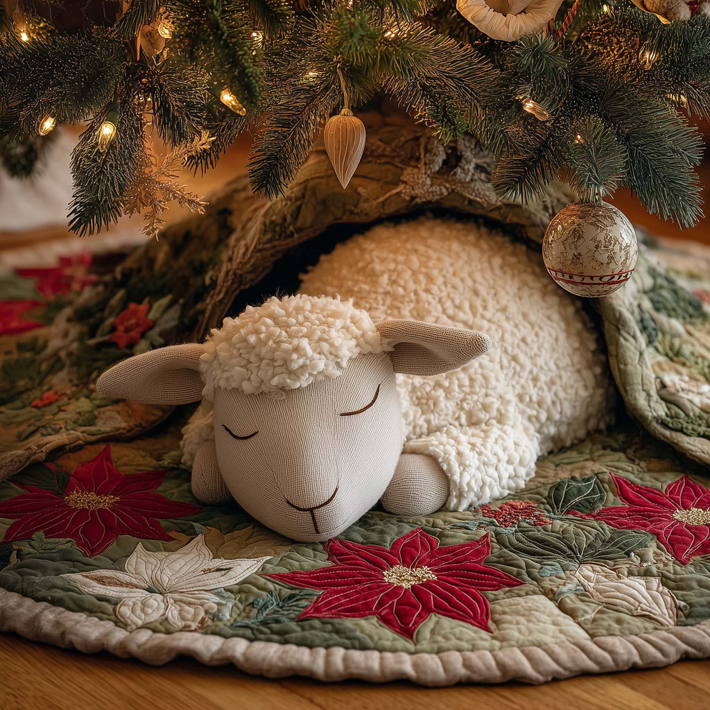 Lamb Asleep with the Poinsettia Christmas Tree Skirt