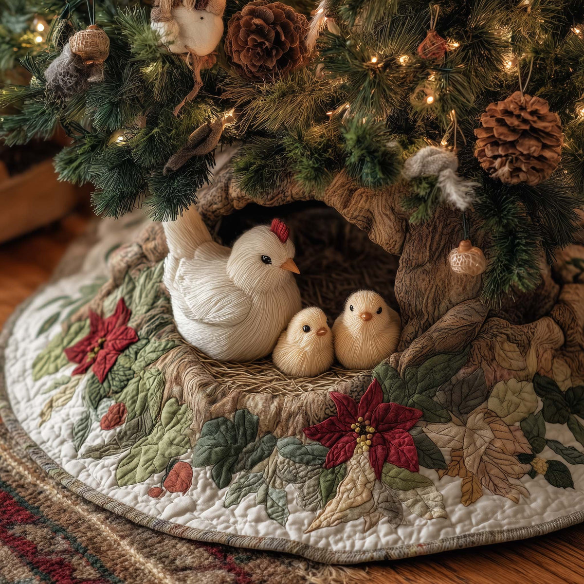 Hen Family in the Poinsettia Nook Christmas Tree Skirt
