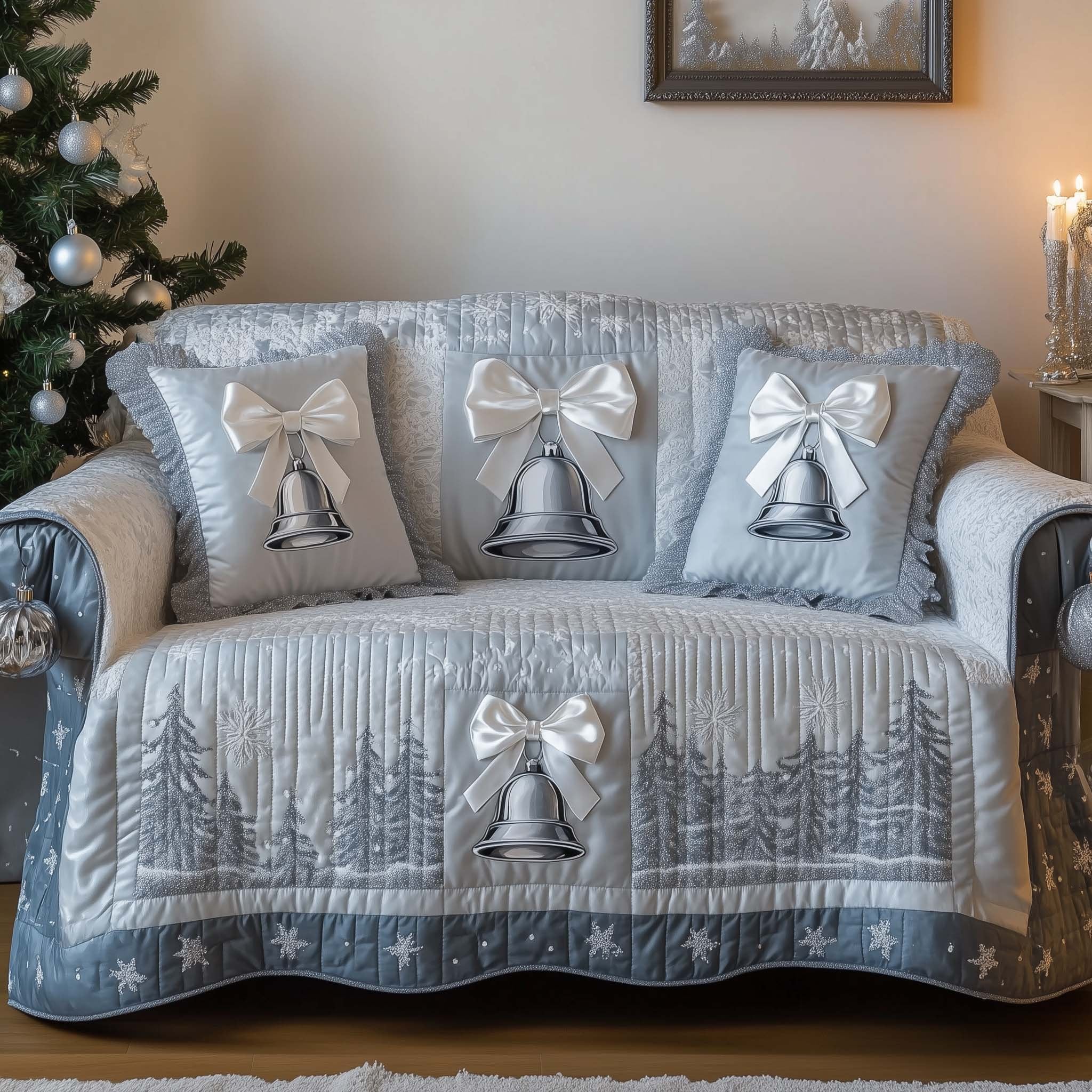 Silver Bells on Frosted Blue Sofa Cover
