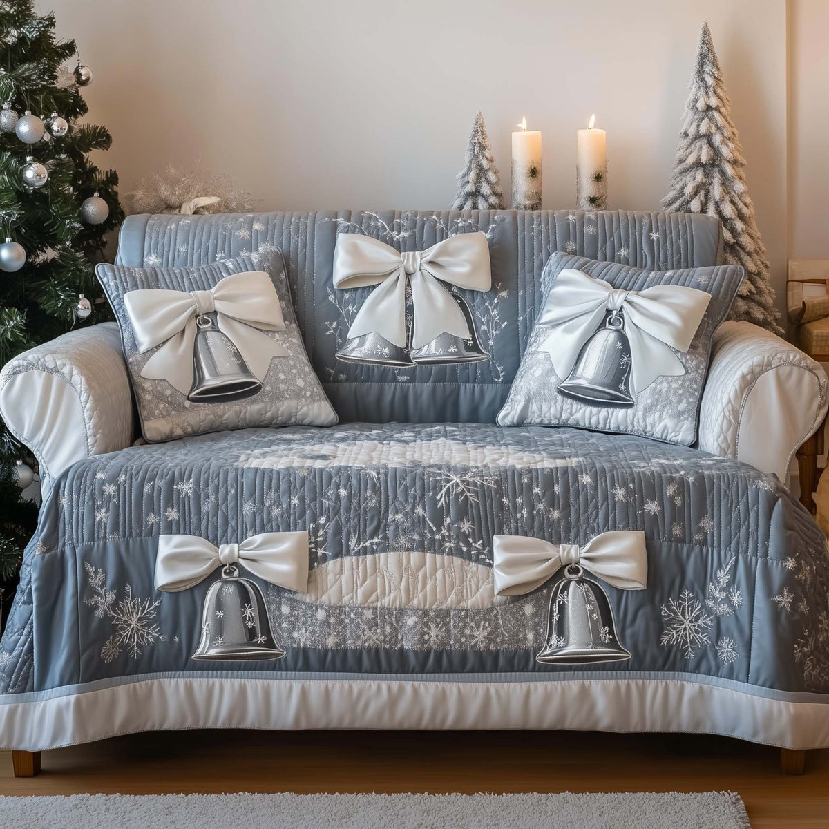 Silver Bells and Ribbons on Grey Sofa Cover