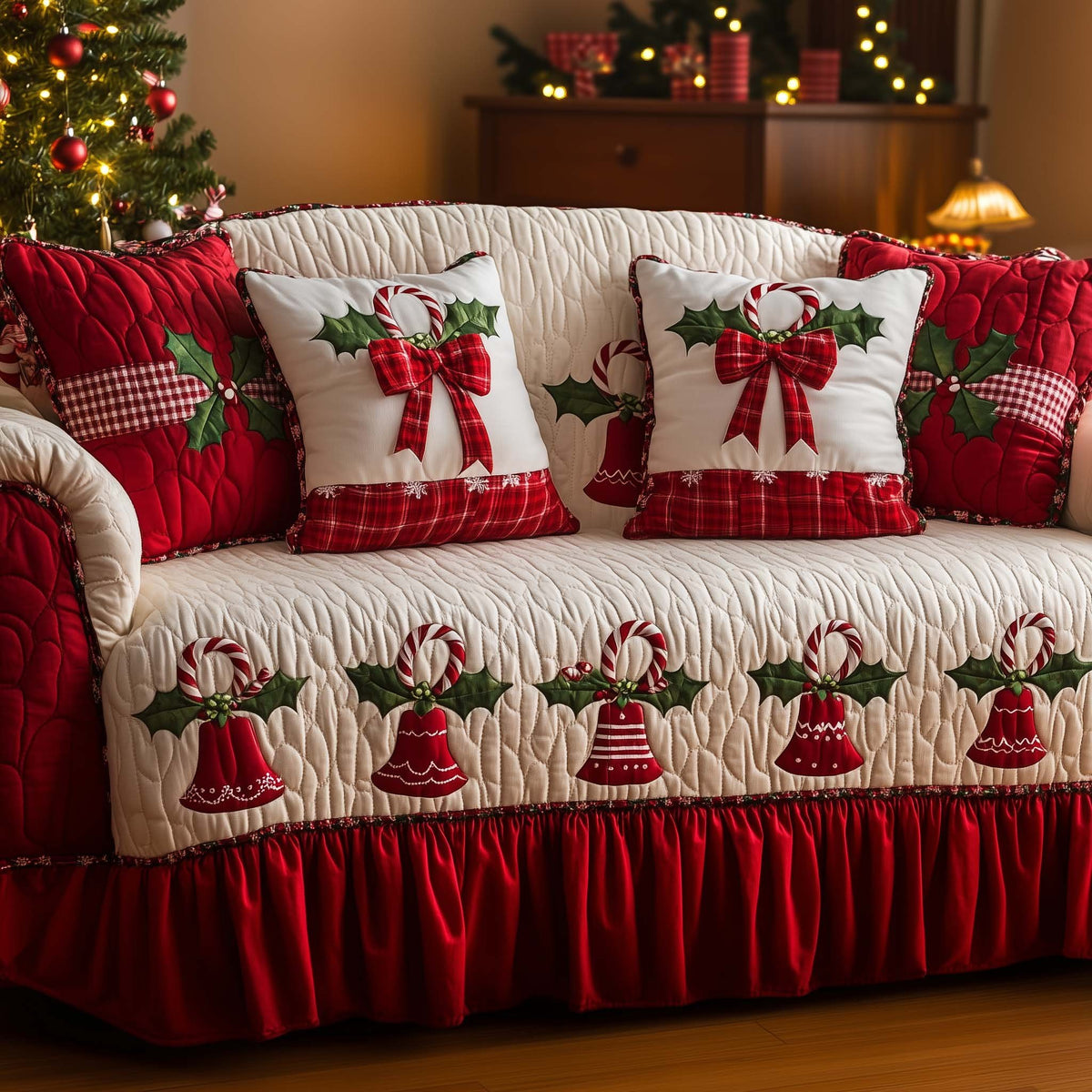 Red Bells on Cream Holly Sofa Cover