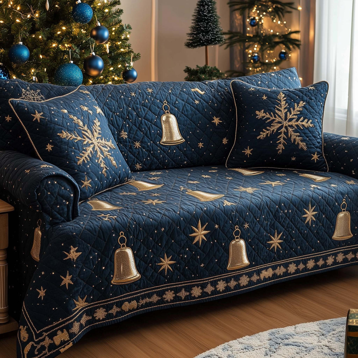 Golden Bells on Midnight Snowflakes Sofa Cover