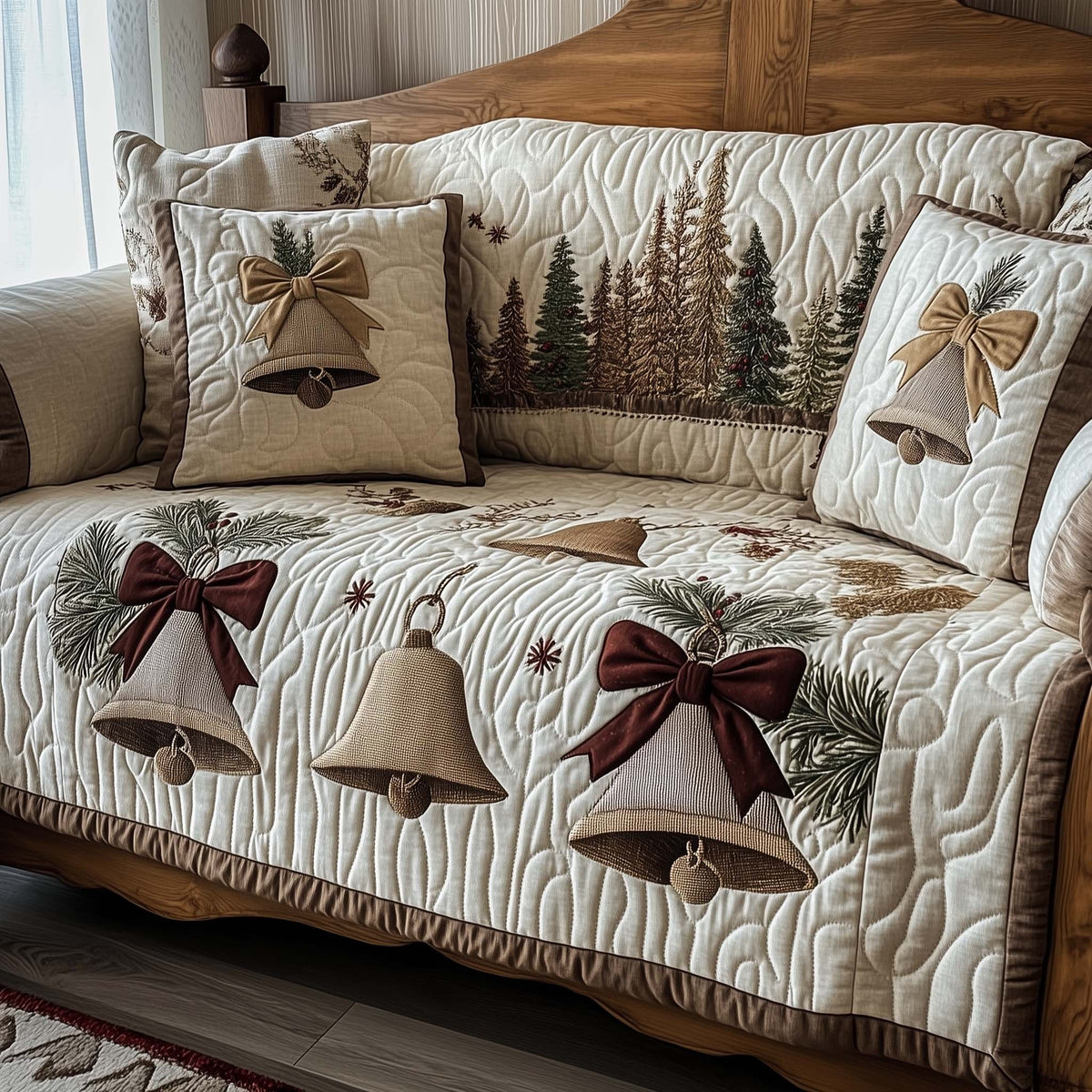 White Bells and Burgundy Bows Sofa Cover