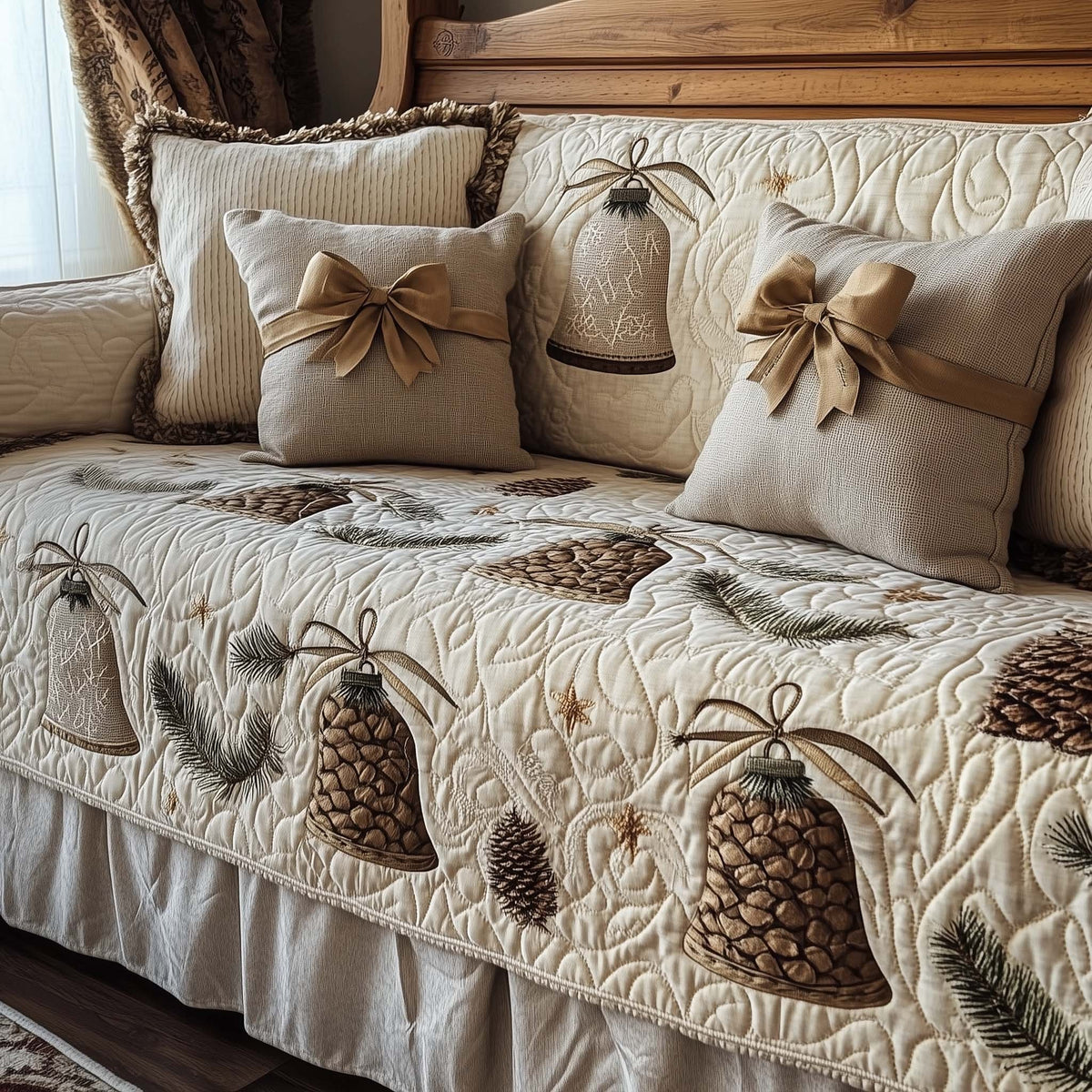 Ivory Bells with Pinecones Sofa Cover