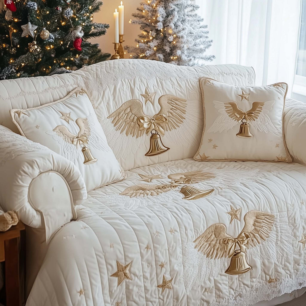 White Angels and Bells on Cream Sofa Cover