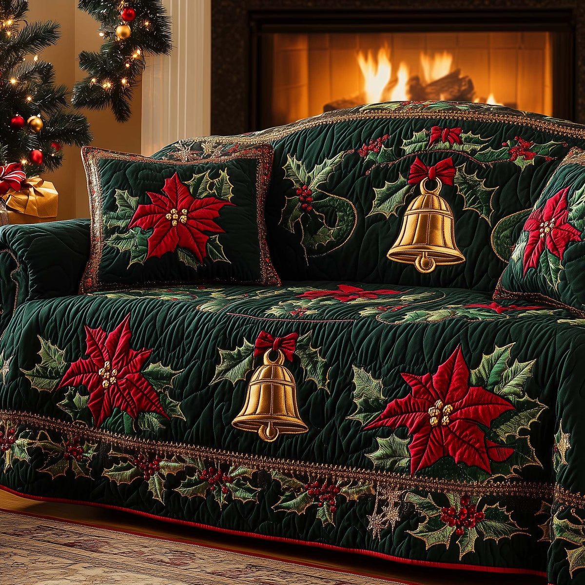 Gold Bells with Green Poinsettias Sofa Cover
