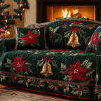 Gold Bells with Green Poinsettias Sofa Cover