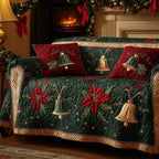 Bells and Red Poinsettias on Green Sofa Cover